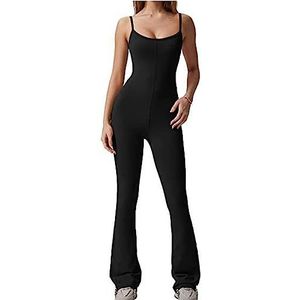Flare Jumpsuits voor Vrouwen Spaghettibandjes Ronde Hals Bodycon Casual Unitard Playsuit Dames Werk Formele Stretch Tailored Flared Broek-Black||XXL