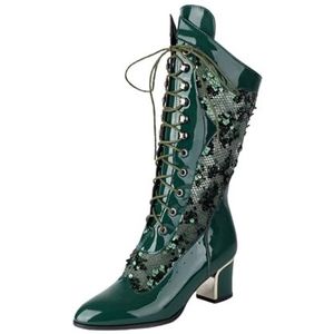 Enkellaarsjes Van PU-lakleer For Dames 2025 Veterlaarzen Met Pailletten Elegante Ankle Boots Met Blokhak Mode Puntige Laarsjes 5,5 Cm Hoge Hakken Feestavond Schoenen(Green,43 EU)