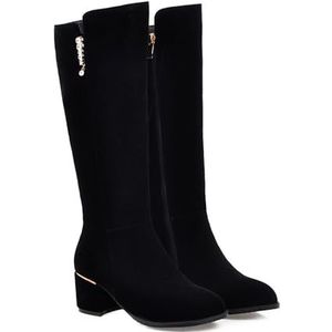 Dames Elegante Hoge Laarzen Met Blokhak 2023 Nieuwe Lange Schacht Laarzen Met Strass Retro Suède Knielaarzen Winter Warm Pluche Gevoerde Snowboots Vrije Tijd Katoenen Schoenen (Color : Black, Size :