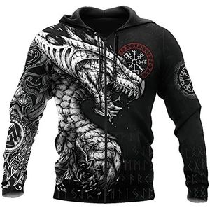 Noorse Mythologie 3D Digital Print Pullover Viking Hoodie Voor Mannen, Nordic Dragon Tattoo Long Sleeve Zip Sweatshirt, Unisex Fall Harajuku Zipper Hooded Sweatshirt