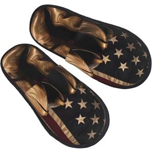 BONDIJ Amerikaanse vlag met cowboylaarzen print pantoffels zachte pluche huispantoffels warme instappers gezellige indoor outdoor slippers voor vrouwen, Zwart, one size