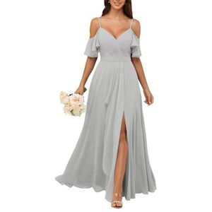 KURFACE Bruidsmeisjesjurken met V-hals en spleet, geplooide koude schouder, chiffon, formele jurk, feestjurk, Zilver, 32
