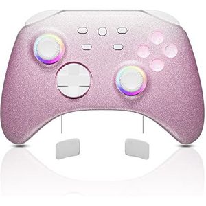 Mytrix Roze draadloze LED-controller voor Switch/Lite/OLED, Multi-Platform Pro-controller compatibel met Switch/PC/Android/Ios/Steam/Steam, met SYNC-knop/Macro/Wekfunctie/Turbo/Vibratie