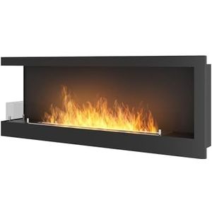 Bio-ethanol open haard voor inbouw, links, zwart, van staal met glas, 120 x 45 cm