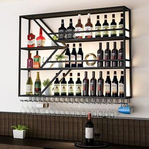Hangende industriële wijnrekken wandgemonteerde wijnplank met led-licht, ijzeren zwevende planken wijnfles displaystandaard voor keukenbardecoratie (100 x 20 x 115 cm