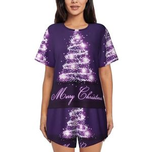 JIAWUJYNB Kerstpyjama met paarse boomprint voor dames met korte mouwen - comfortabele korte sets, nachtkleding met zakken, Zwart, M