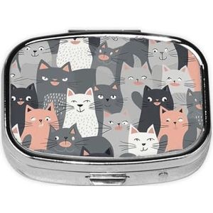 Kleine pillendoos draagbare pillendoosje 2 compartimenten metalen pillenhouder organizer schattig schattig grappig grijs katten patroon reizen pillendoos voor portemonnee zak