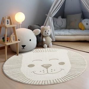 carpet city Kindertapijt crème, beige - 120x120 cm rond - diermotief leeuw - laagpolige tapijten kinderkamer, speelkamer