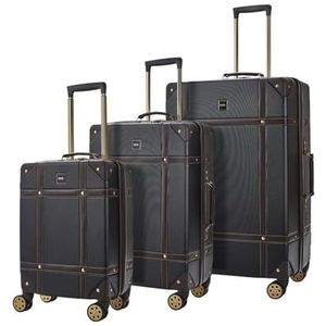 Bagage Koffer Reistas Carry On Hand Cabin Check in Hard-Shell 4 Spinner Wielen Trolley Set | Vintage, Zwart, Set of 3 (S+M+L), Koffer
