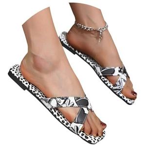 Vintage Luipaardprint Slippers Dames Vierkante Neus Sandalen Mode PU Leren Slippers Lichtgewicht Peep Toe Slippers Casual Platte Strandschoenen for Binnen En Buiten(Black,43 EU)