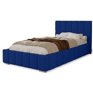 MARPUR POLSTERBED Alma 80x200 cm, bed met hoofdeinde, tweepersoonsbed met bedlade, lattenbodem en matras van hout, veloursstof: donkerblauw