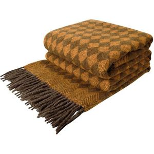 LYHome Wollen Plaid 100% - Deken van Nature Wol voor Bed Sofa en Bank, Grote Plaids Dekens & Spreien, Warme Blanket van Naturel Schapenwol (140 x 200 cm | Mosterd met Bruin Scandinavische Ruitpatroon)