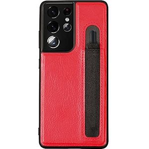 Telefoonhoesje voor Samsung Galaxy S21 Ultra G9980 G998D G998U, lederen telefoon schokbestendige beschermhoes met zakhouder, met stylus S-pen socket slot (rood)