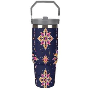 887 ml roestvrijstalen dubbelwandige thermosbeker met klapdeksel en rietje, waterdichte reismok voor auto, dubbelwandige geïsoleerde koffiemok met handvat,