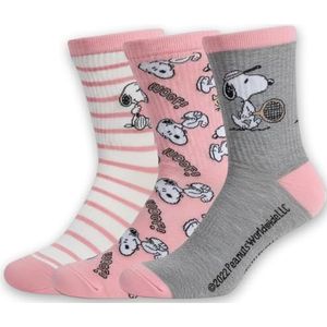 Peanuts Damessokken, 3 paar, officiële Snoopy, maat 36-40 (roze, wit, grijs), zacht katoen, antislip, 3 paar