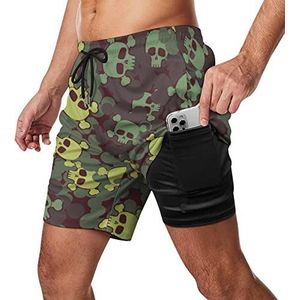 Camouflage Skulls with Bones Zwembroek voor heren, sneldrogend, 2-in-1 strandsportshorts met compressieliner en zak