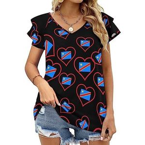 I Love Congo Rood Hart Dames Casual Tuniek Tops Ruches Korte Mouw T-shirts V-hals Blouse Tee