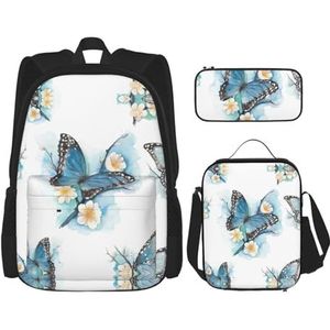 SUHNGE Blauwe Haai Print Rugzak met Lunchbox Set 3 in 1 School Boekentas Etui Bundel Bijpassende Combo, Blauwe Vlinder op Bloesem Bloem, Eén maat