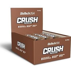 BioTechUSA Crush Bar, Eiwitrijke reep met een krokant chocoladelaagje en zonder toegevoegde suikers, 12 * 64 g, Chocolade-Brownie