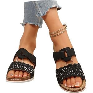 Plateaupantoffels For Dames Glanzende Sandalen Met Strass Antislip Slippers Met Sleehak Zomerpantoffels Met Open Teen PU-leren Waterdichte Strandschoenen For Buiten(Black,42 EU)