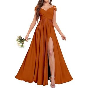 Chiffon bruidsmeisjesjurken voor dames, voor bruiloft, ruches avondgalajurken, cocktailjurken, grote maten, Verbrand Oranje, 32