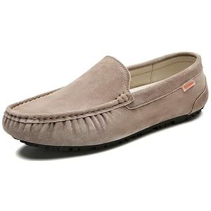 Loafers for heren Schoenen Bootschoenen Nubuckleer Effen kleur Stiksels Details Platte hak Comfortabel Antislip Klassiek Feest Instappers (Color : Khaki, Size : 39 EU)