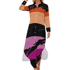 Lesbian Pride Flag Maxi-jurk voor dames, lange mouwen, overhemd met knopen, casual feestjurk, lange jurk, L