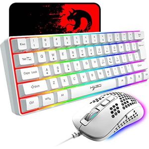 KUIYN V700 60% wired gaming toetsenbord en muis combo, mini 61 toetsen 11 RGB backlight anti-ghosting + bedrade lichtgewicht 383 model O gaming muis 2400 dpi honingraat muis + muis pad voor gamer PC/PS/Xbox