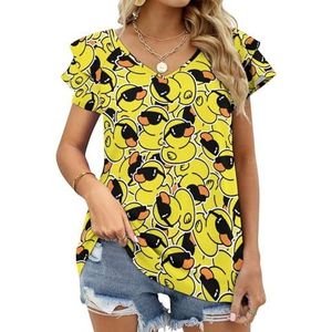 Rubber Gele Eend Met Zonnebril Grafische Blouse Top Voor Vrouwen V-hals Tuniek Top Korte Mouw Volant T-shirt Grappig