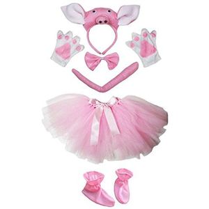 Petitebelle 3D hoofdband Bowtie staart handschoenen rok schoenen 6 st meisje kostuum (3D roze varken)