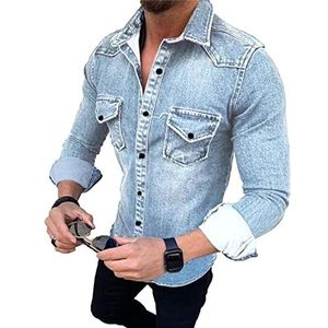 Heren Standaard Denim Western Overhemd Met Drukknopen Denim Overhemd Met Lange Mouwen