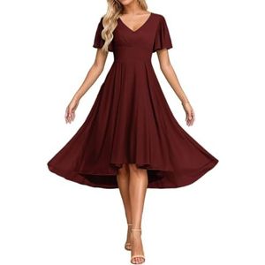 Korte Mouw Bruidsmeisje Jurken voor Bruiloft Hoge Lage Chiffon Formele Avond Party Maxi Gown Thee Lengte AH156, Bordeaux, 32