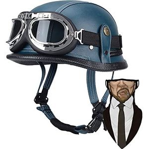 DIRERTYS Motorfiets Halve Helm - Pothelm, Duitse Stijl, Leren DOT/ECE Goedgekeurde Cap - Retro Open Gezicht Met Verstelbare Snelsluiting en Bril