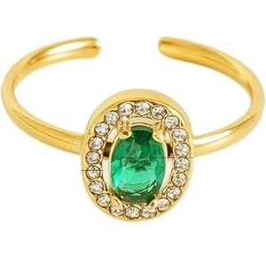 Damesbloemring roestvrij staal liefde vierkant dubbellaags diamant 18K ring live mond verstelbare zirkoonring (Color : Oval [Green]_Adjustable)