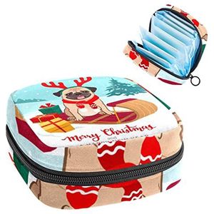 Periode Pouch Draagbare Tampon Opbergtas,Tampon Houder voor Portemonnee Vrouwelijke Product Organizer,Merry Christmas Pug Dog, Meerkleurig, 4.7x6.6x6.6 in/12x17x17 cm