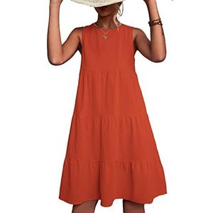 Mouwloze Jurk met Losse Zoom Zachte Effen Kleur Ronde Hals Kous Jurk (L)