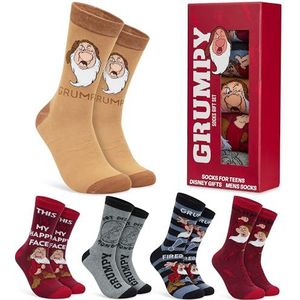 Disney Cadeauset voor heren, set van 5 sokken van katoenmix, kuitlengte, in geschenkdoos, karakterontwerpen, nieuwigheden geschenken voor mannen, Rode Grumpy, 8-13