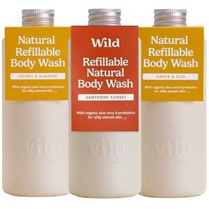 Wild Natuurlijk Navulbare Douchegel 300ml – 3-pack navulverpakking douchegel in diverse geuren – in de geurnoten Honey & Almond, Amber & Oud en Santorini Sunset
