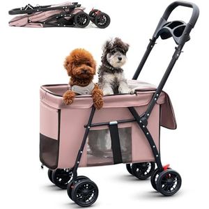 Honden- en kattenkooi-joggerkinderwagen, opvouwbaar ontwerp met één klik, 4-wielige kinderwagen voor huisdieren met ademend gaas en dakraam,Roze