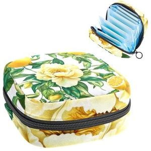 Pioen gele bloemen citroenvruchten groene bladeren maandverband opbergtas, grote menstruatiecup zakje met rits, menstruatie pads tas winkel inlegkruisjes tampons voor meisjes vrouwen