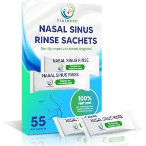 PLUSQMED Doos met 55 stuks neusspoelzout 2.7 g pakketten, Neti Pot zout, neusirrigaat zout, sinusverlichting, neuswassing.