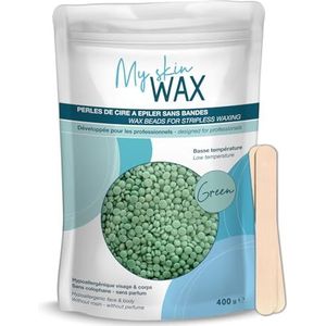 My Skin Wax – Striploze waxkorrels, hypoallergeen, waxparels voor harsapparaat, harde waxbonen voor gevoelige huid, voor mannen en vrouwen, gezicht, bikinilijn, Braziliaans (400g Groen)