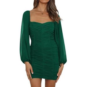Damesjurk met Vierkante Kraag en Geplooide Mesh, Elegante Bodycon-jurken met Lange Mouwen voor Een Avondje Uit(Color:Dark green,Size:XL)