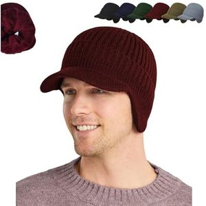 Hemzira Warm Ear Protection Knitted Hat,Hemzira Knitted Hat,Outdoor riding elastic warm ear protection knitted hat for Men Women,Men's Winter Visor Beanie Hat with Earflaps Knit (One Size,red)