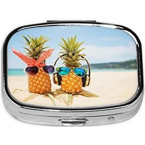 Strand Twee Ananassen Zee Vierkante Pil Box, Pil Dispenser Box Kabeljauw Lever Olie Doos Vitamine Pil Doos Patiënt Pill Box