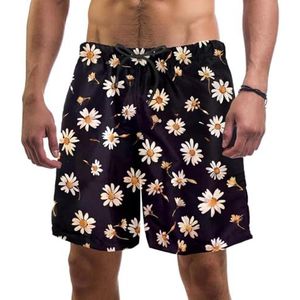 PAFEFO Zwart wit Daisy Florals boardshorts voor heren, sneldrogend, strand, zwemmen, sportpakken met zakken, Zwart Wit Madeliefje Bloemen, L