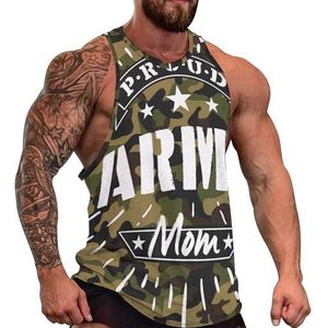 Proud Army Mom Tanktop voor heren, grafische mouwloze bodybuilding-T-shirts, casual strand-T-shirt, grappige sportschool-spieren