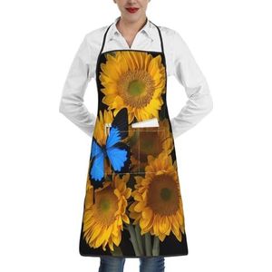 ZhaoYuGoods Leuke polkadot-schorten met zakken voor vrouwen, stijlvolle kookschorten voor keuken, tuinieren, salon, ideale print schort, Gele zonnebloemen met blauwe vlinders, Eén maat