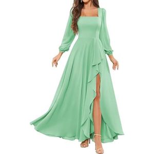 HPPEE Bruidsmeisjesjurken met lange mouwen en split ruches vierkante hals chiffon formele avondjurk, mintgroen, 32