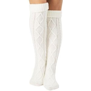 SLEEKEE 1 paar sokken boven de knie, gebreide pantoffels voor dames, binnen en buiten, ruitpatroon, dik, voor de winter (wit)